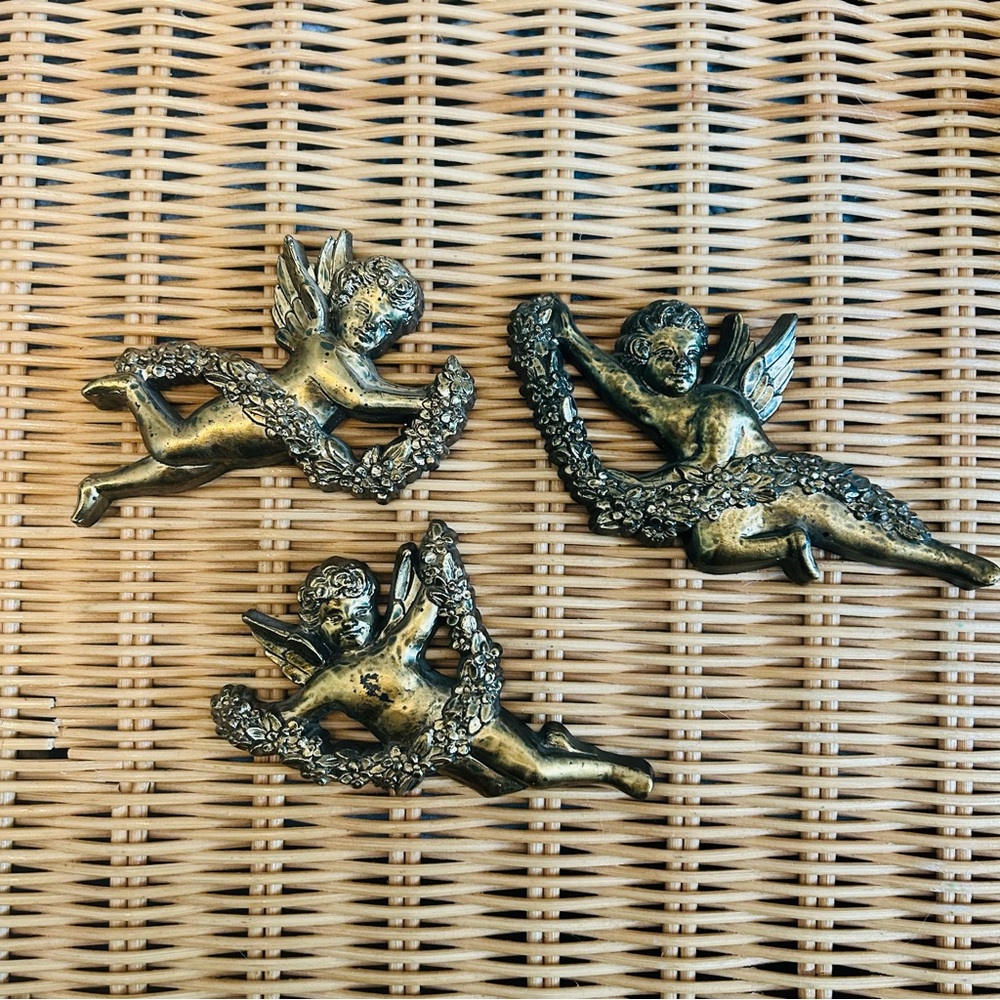 Set of 3 Vintage Syroco Gold Cherub Angel Wall Art Hangings 1704AB Made in USA